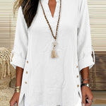 Casual Decorative Buttons 3/4 Sleeve Textured Blouse