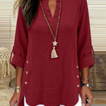 Casual Decorative Buttons 3/4 Sleeve Textured Blouse