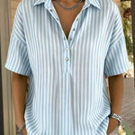 Casual Loose Vertical Striped Short Sleeve Henley Shirt