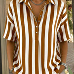 Casual Loose Vertical Striped Short Sleeve Henley Shirt