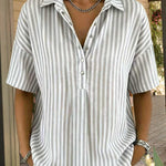Casual Loose Vertical Striped Short Sleeve Henley Shirt