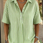 Casual Loose Vertical Striped Short Sleeve Henley Shirt