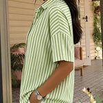 Casual Loose Vertical Striped Short Sleeve Henley Shirt