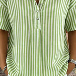 Casual Loose Vertical Striped Short Sleeve Henley Shirt