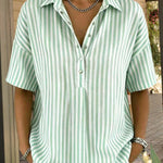 Casual Loose Vertical Striped Short Sleeve Henley Shirt