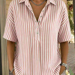 Casual Loose Vertical Striped Short Sleeve Henley Shirt