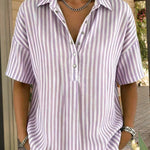 Casual Loose Vertical Striped Short Sleeve Henley Shirt