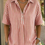 Casual Loose Vertical Striped Short Sleeve Henley Shirt