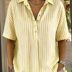 Casual Loose Vertical Striped Short Sleeve Henley Shirt