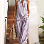 Casual Striped Halter-Neck Top and Wide-Leg Pants Set