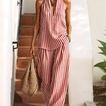 Casual Striped Halter-Neck Top and Wide-Leg Pants Set