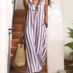 Casual Stripe Ruffled Collar Sleeveless Maxi Dress