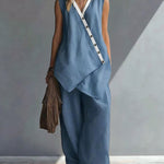 Boho Relaxed Fit Contrast Color Slant Placket Matching Sets
