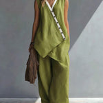 Boho Relaxed Fit Contrast Color Slant Placket Matching Sets