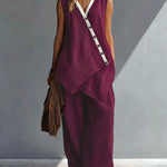 Boho Relaxed Fit Contrast Color Slant Placket Matching Sets