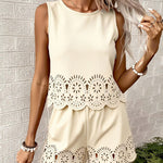 Refined Casual Cutwork Detail Tank Top Short Set