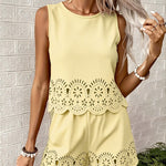 Refined Casual Cutwork Detail Tank Top Short Set
