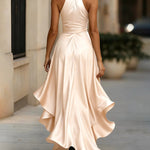 Elegant Satin Asymmetric Hem Cinched Waist Dress