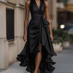 Elegant Satin Asymmetric Hem Cinched Waist Dress