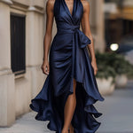 Elegant Satin Asymmetric Hem Cinched Waist Dress