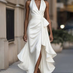 Elegant Satin Asymmetric Hem Cinched Waist Dress