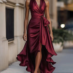 Elegant Satin Asymmetric Hem Cinched Waist Dress