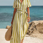Casual Stripe Short Sleeve Shirt Dress with Waist Tie