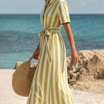 Casual Stripe Short Sleeve Shirt Dress with Waist Tie