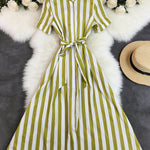 Casual Stripe Short Sleeve Shirt Dress with Waist Tie