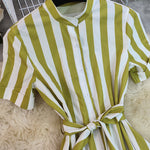 Casual Stripe Short Sleeve Shirt Dress with Waist Tie
