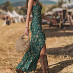 Boho Retro High Slit Floral Smocked Maxi Dress