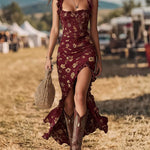 Boho Retro High Slit Floral Smocked Maxi Dress
