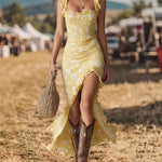 Boho Retro High Slit Floral Smocked Maxi Dress