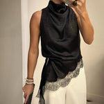 Elegant Satin Asymmetric Hem Lace Halter Top