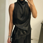 Elegant Satin Asymmetric Hem Lace Halter Top