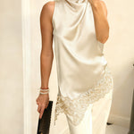 Elegant Satin Asymmetric Hem Lace Halter Top