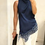 Elegant Satin Asymmetric Hem Lace Halter Top