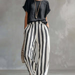 Daily Casual Short Sleeve T-shirt Stripe Pants Set