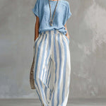 Daily Casual Short Sleeve T-shirt Stripe Pants Set