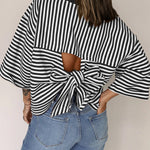 Fashion Stripe Bow Tie Batwing Sleeves Top