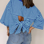 Fashion Stripe Bow Tie Batwing Sleeves Top