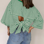 Fashion Stripe Bow Tie Batwing Sleeves Top