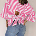 Fashion Stripe Bow Tie Batwing Sleeves Top