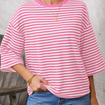 Fashion Stripe Bow Tie Batwing Sleeves Top