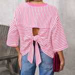 Fashion Stripe Bow Tie Batwing Sleeves Top