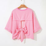 Fashion Stripe Bow Tie Batwing Sleeves Top