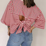 Fashion Stripe Bow Tie Batwing Sleeves Top