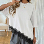 Casual Loose Lace Patchwork Slant Hem Top