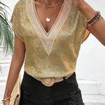 Stylish Lace V-neck Metallic Texture Fabric Top