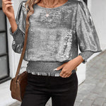 Stylish Relaxed Fit Metallic Texture Fabric Blouse